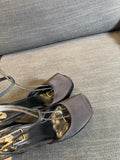 LA SCANDALE PLATFORM SANDALS IN TAUPE BROWN SATIN