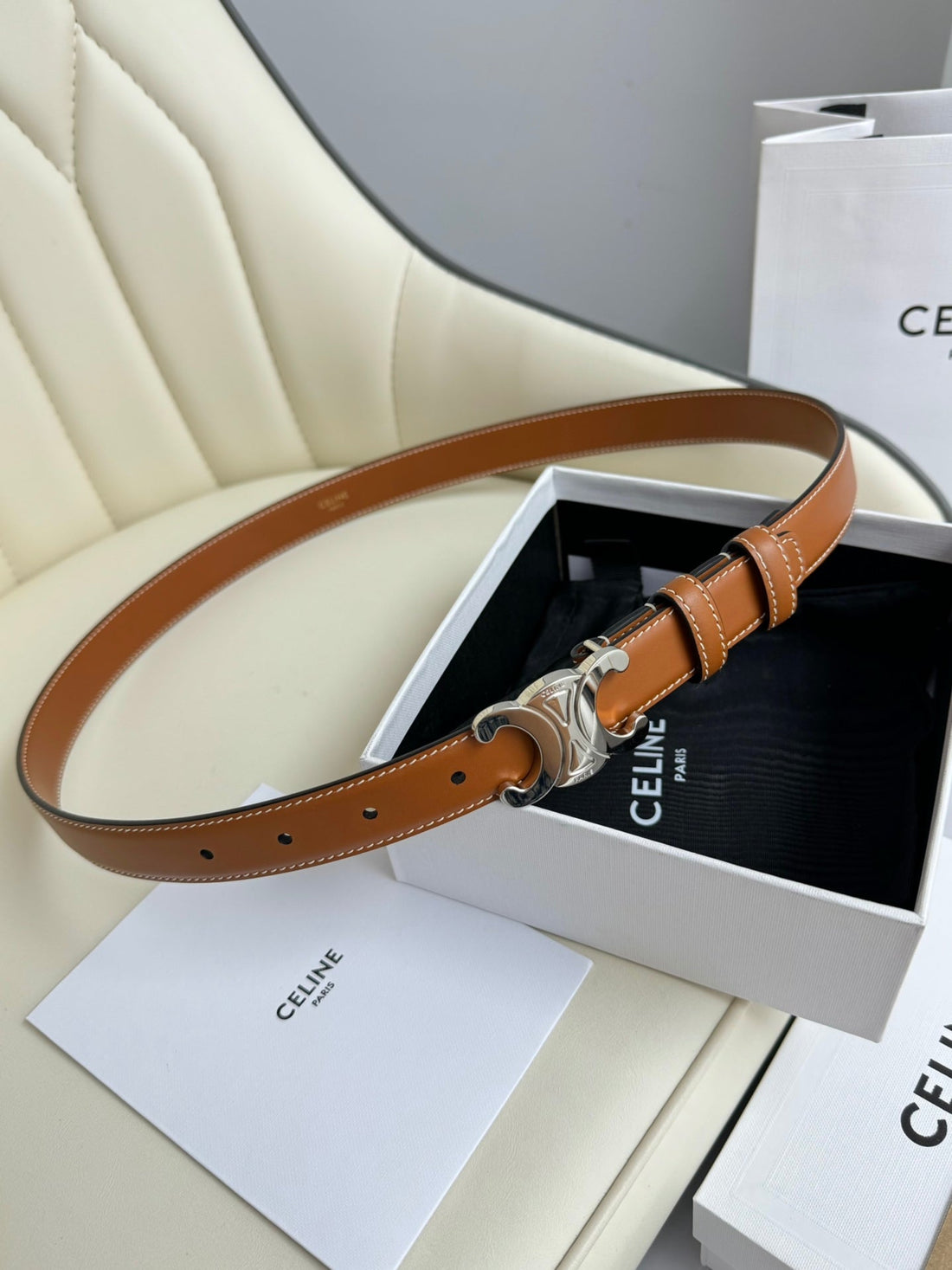 SMALL TRIOMPHE BELT 18 MM BRONZE BROWN LEATHER SILVER HARDWARE