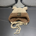 KNITTED BEANIE HAT WITH CUTE EARS IN BEIGE MIX BROWN WOOL 403482