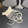 KNITTED BEANIE HAT WITH CUTE EARS IN WHITE MIX GRAY WOOL 403484