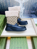 HORSEBIT ANKLE BOOTS WITH MERINO TRIM IN BEIGE JACQUARD FABRIC MIX BLACK CALFSKIN