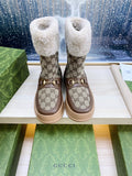 HORSEBIT ANKLE BOOTS WITH MERINO TRIM IN BEIGE JACQUARD FABRIC MIX BROWN CALFSKIN