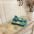 LACE-UP FLAT SANDAL IN CERULEAN BLUE METALLIZED MESH AND LEATHER WITH RHINSTONES