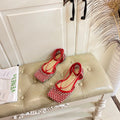 LACE-UP FLAT SANDAL IN RUBY RED METALLIZED MESH AND LEATHER WITH RHINSTONES
