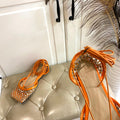 LACE-UP FLAT SANDAL IN VIVID ORANGE METALLIZED MESH AND LEATHER WITH RHINSTONES