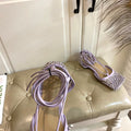 LACE-UP FLAT SANDAL IN LIGHT PURPLE METALLIZED MESH AND LEATHER WITH RHINSTONES