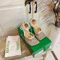 LACE-UP SANDAL IN WHITE CREAM METALLIZED MESH AND LEATHER WITH RHINSTONES 9 CM