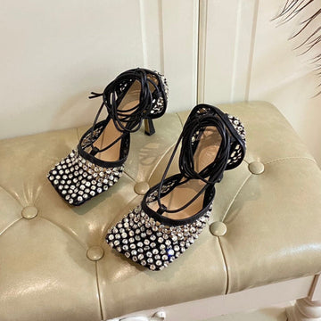 LACE-UP SANDAL IN BLACK METALLIZED MESH AND LEATHER WITH RHINSTONES 9 CM