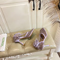 LACE-UP SANDAL IN LIGHT PURPLE METALLIZED MESH AND LEATHER WITH RHINSTONES 9 CM
