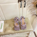 LACE-UP SANDAL IN LIGHT PURPLE METALLIZED MESH AND LEATHER WITH RHINSTONES 9 CM