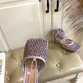 LACE-UP SANDAL IN LIGHT PURPLE METALLIZED MESH AND LEATHER WITH RHINSTONES 9 CM