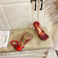 LACE-UP SANDAL IN CRIMSON RED METALLIZED MESH AND LEATHER WITH RHINSTONES 9 CM