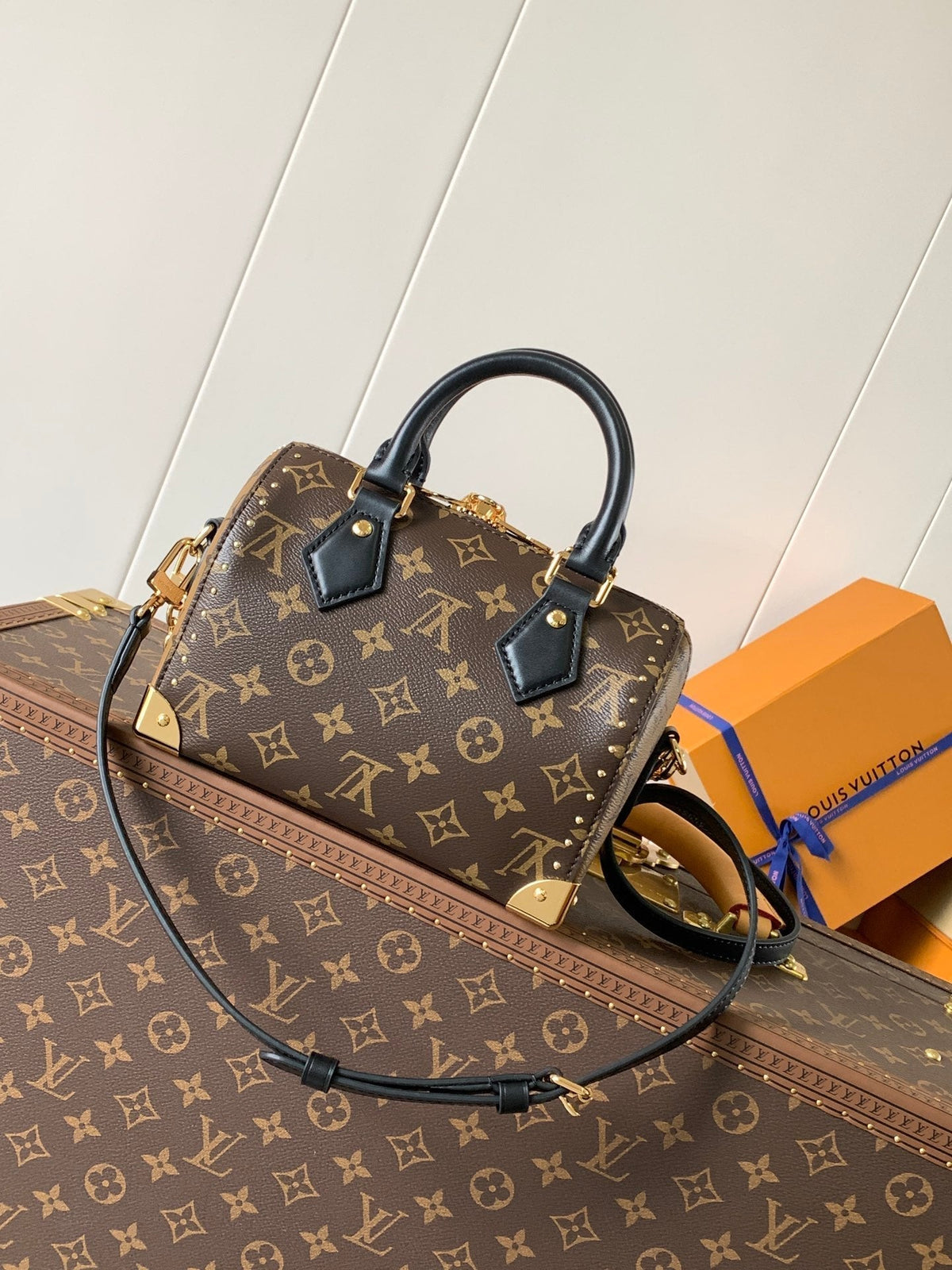 SPEEDY TRUNK BAG 20 IN BROWN MONOGRAM COATED CANVAS AND BLACK CALFSKIN