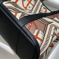GARDEN PARTY 36 IN BEIGE ORANGE AND BROWN TOILE H CANVAS BLACK CALFSKIN HORSE TOTEM PRINT