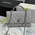 FLAP BAG WITH SILVER-TONE HANDLE 19 IN GREY SHINY CAVIAR SKIN