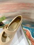 GG CROSS STRAP FLAT SHOES IN BEIGE CALFSKIN WITH STRAW SOLE