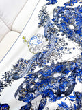 SQUARE SCARF 140 CM IN WHITE MIX COBALT BLUE CASHMERE AND SILK 390940