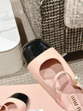 FLAT MULE IN BABY PINK MIX BLACK PATENT CALFSKIN