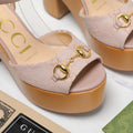 GG HORSEBIT WEDGE SANDAL IN LIGHT BEIGE MONOGRAM JACQUARD FABRIC AND SHEEPSKIN LINING
