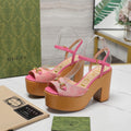 GG HORSEBIT WEDGE SANDAL IN PINK MONOGRAM JACQUARD FABRIC AND SHEEPSKIN LINING
