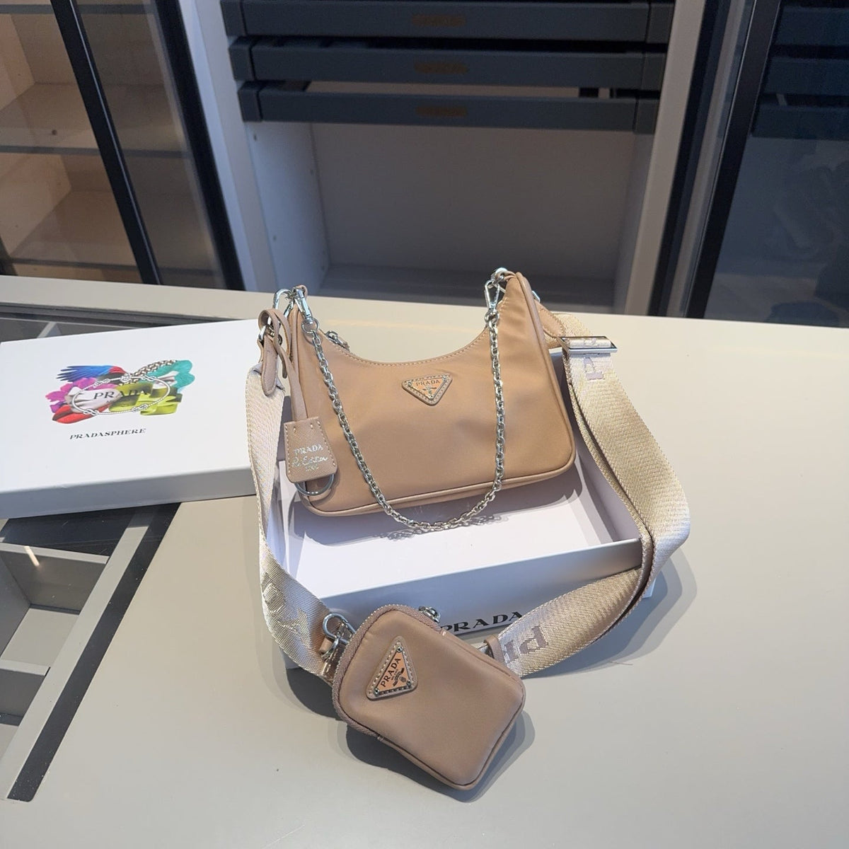 HOBO RE-EDITION BAG 26 IN TAN BROWN RE-NYLON SILVER HARDWARE