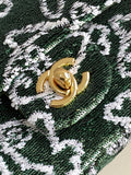 FLAP BAG 21 IN BASIL GREEN MIX WHITE SHINY SEQUINS GOLD HARDWARE