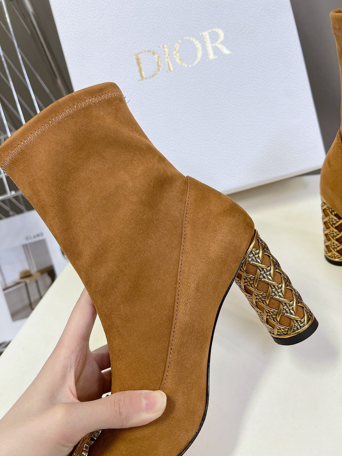 ICON HEELED ANKLE BOOT BRONZE BROWN SUEDE 8 CM WITH GOLD LOGO