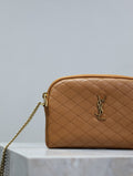 GABY ZIPPED POUCH 19 IN CARAMEL BROWN QUILTED LAMBSKIN GOLD HARDWARE