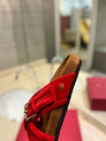 FUSSFRIEND CHERRY RED SILK VELVET SLIDE SANDALS