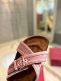 FUSSFRIEND CREPE PINK SILK VELVET SLIDE SANDALS