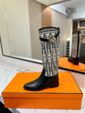 JUMPING BOOT 2 CM IN BLACK CALFSKIN AND BLACK MIX WHITE FABRIC