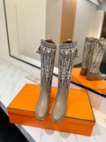 JUMPING BOOT 2 CM IN PASTEL GRAY CALFSKIN AND BLACK MIX WHITE FABRIC