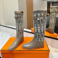 JUMPING BOOT 2 CM IN PASTEL GRAY CALFSKIN AND BLACK MIX WHITE FABRIC