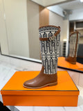 JUMPING BOOT 2 CM IN BRONZE BROWN CALFSKIN AND BLACK MIX WHITE FABRIC