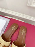GARAVANI V LOGO SIGNATURE SLIDE IN BEIGE RAFFIA AND BROWN CALFSKIN