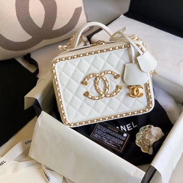 Chanel Filigree Vanity Case Quilted Caviar Gold – White